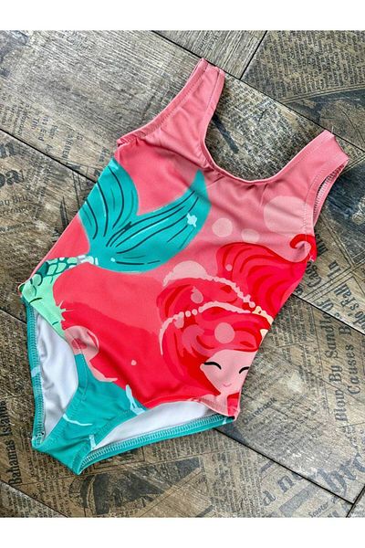patriko tekstil Girl's Beach Wear Mermaid and Watermelon Patterned Thick Strap Swimsuit