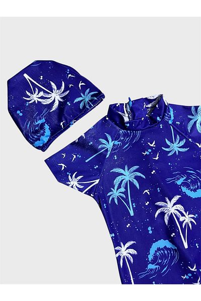 ALİŞ KİDS Costum de baie protejat cu mânecă scurtă, cu model de palmier albastru pentru băiat