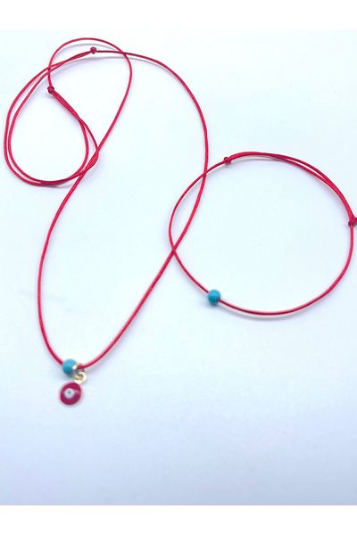 Concept HuBuTU Elegant Red Rope Necklace Bracelet Set with Minimal Gold Object and Evil Eye Beads