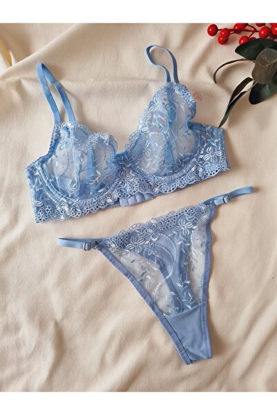 Demirsa Boutique Σετ μπλε δαντελωτό μπραλέτ (σουτιέν και στρινγκ)