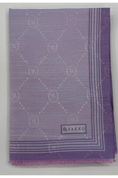 Vakko Şal cu bordură din mătase din bumbac monogramă 41540-Liliac deschis