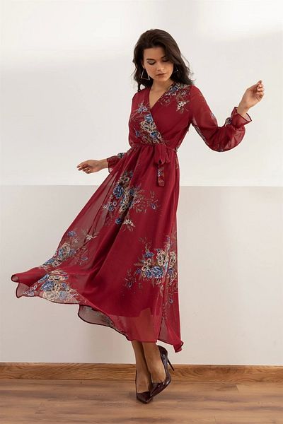 azra moda Long Yellow Floral Chiffon Dress - Burgundy