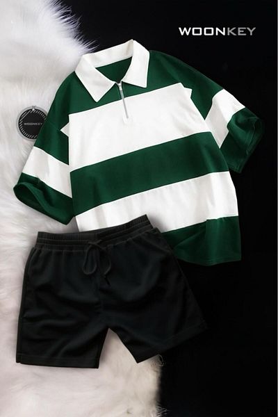 woonkey Unisex Oversized Striped Half Zippered Cotton Summer Polo Collar Shorts 2-Piece Set New Season