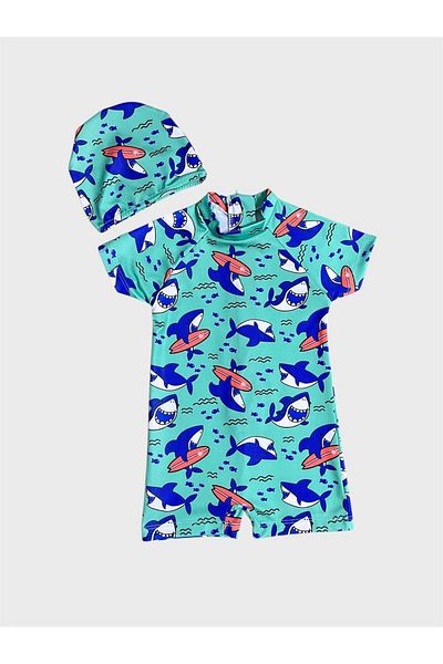 ALİŞ KİDS Boy's Green Dinosaur Patterned Bonnet Short Sleeve Protected Swimsuit