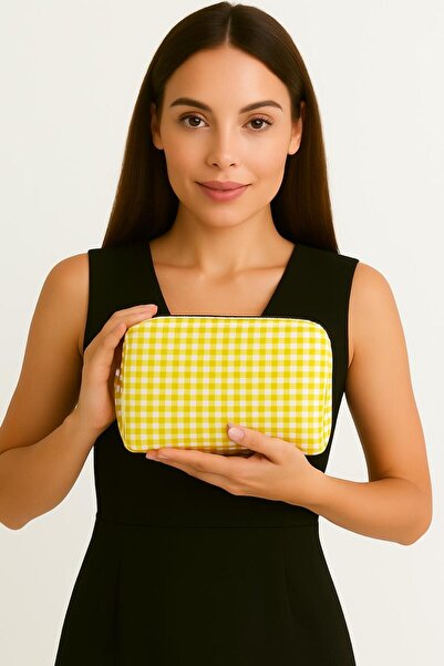 Bersia Жълта дамска чантичка за грим с квадратни шарки - водоустойчив органайзер за пътуване, с цип, преносима