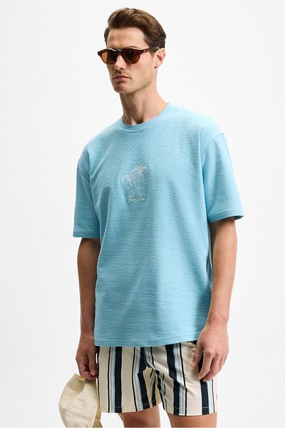 GRIMELANGE Ourflow Men's Embroidery Detailed 100% Organic Cotton Crew Neck Short Sleeve Oversize Light Blue T-Shirt