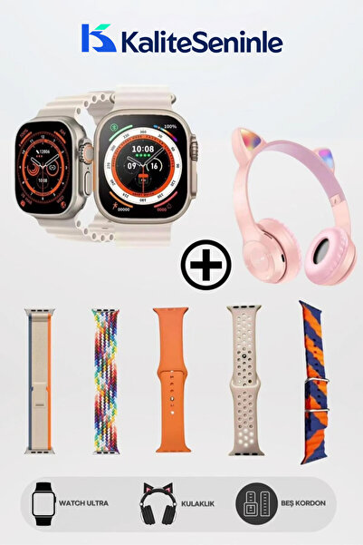 KALİTESENİNLE Akıllı saat 5 Kordon ve Bluetooth Kedi Kulaklık Hediyeli 49 mm ...