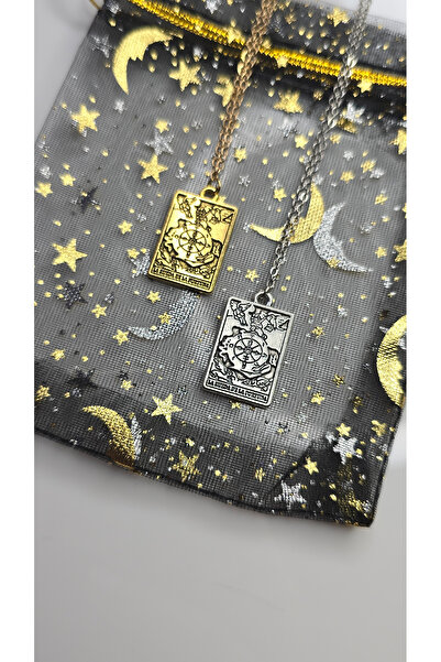 Atelier Nui Tarot Kartları Gold Kader Çarkı Charm Çelik Kolye / Ay yıldız kese hediyeli