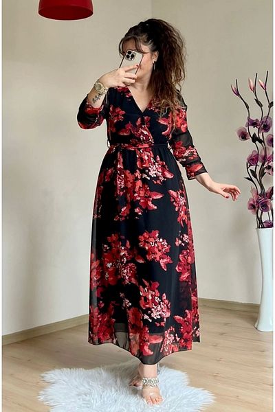 AZRA BUTİK Μακρύ φόρεμα σιφόν με λουλούδια ρόδι