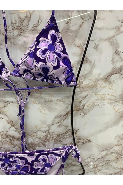 XORVİO Γυναικεία Νέας σεζόν Lycra Stretchy Side and Neck Stylish Drawstring Triangle Purple Bikini Σετ