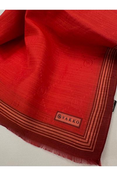 Vakko Monogram Cotton Silk Bordered Shawl 41540-Red
