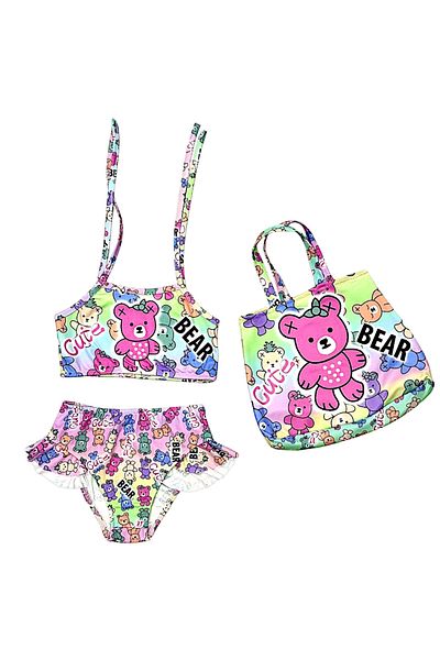 Lolliboomkids Girl's Summer Cute Teddy Bear Cute Bear Printed Bikini Set with Beach Bag 3 Pieces