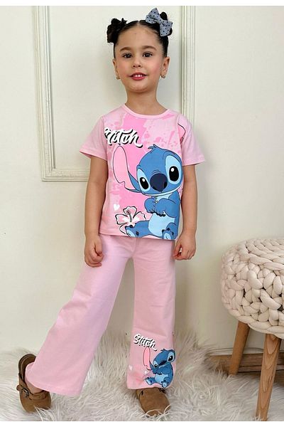 Yağmur Giyim Pjkbp Stitch Pattern Pink Wide Leg Girl's Short Sleeve Suit 3-10 Years 7617-P