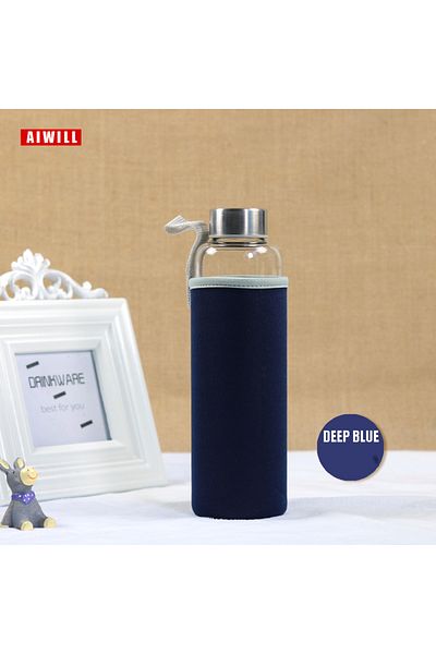 AIWILL 500-550ml Deep Blue AIWILL Hot Selling Glass Sport Water Bottle With Protective Bag 280ml / 360ml /