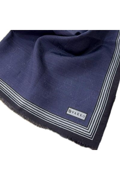 Vakko Şal cu bordură din mătase din bumbac monogramă 41540-albastru închis