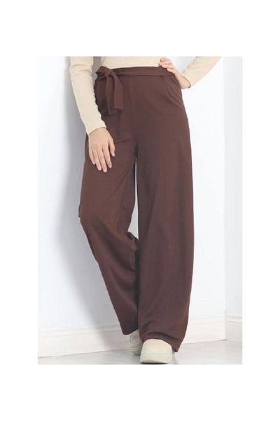 A&O Style Women's Bitter Brown Elastic Waist Belted Wide Leg Crepe Palazzo Trousers