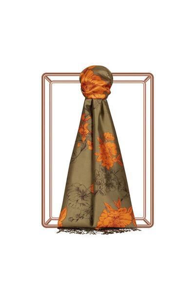 ipekevi Açelya Desenli İpek Şal 07318-Haki