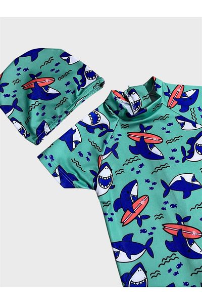 ALİŞ KİDS Boy's Green Dinosaur Patterned Bonnet Short Sleeve Protected Swimsuit