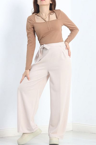 A&O Style Women's Stone Color Elastic Waist Belted Wide Leg Crepe Palazzo Trousers