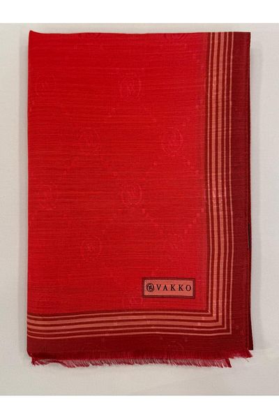 Vakko Monogram Cotton Silk Bordered Shawl 41540-Red