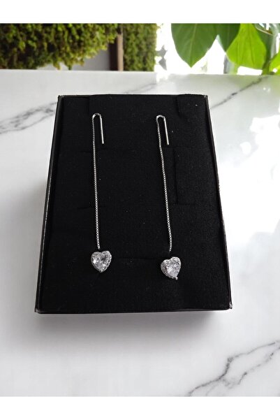 Genel Markalar 925 Ayar Gümüş Kalp Model Zincir Sallantılı Küpe Zirkon Taşlı Hediyelik Takı