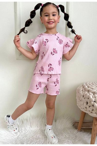 Yağmur Giyim Pjkskt Flower Pattern Pink Twill Ruffled Sleeve Shorts Girl's Short Sleeve Set 7634-P