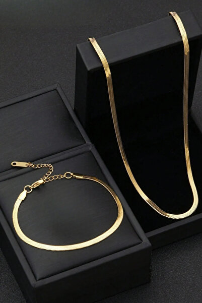 The Collection Paslanmaz Garantili Yassı Italyan Gold Çelik Kolye Ve Bileklik Seti