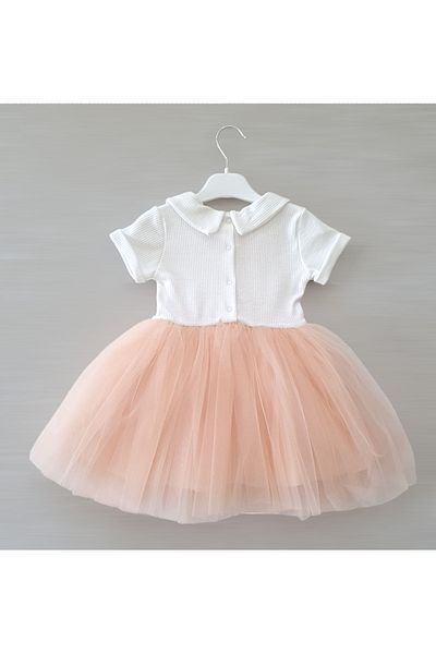 Şirin Şeyler Butiği Rochie tutu umflată prințesă pentru fetiță cu mânecă scurtă Perla Guler pentru bebeluș Lycra elastică alb somon