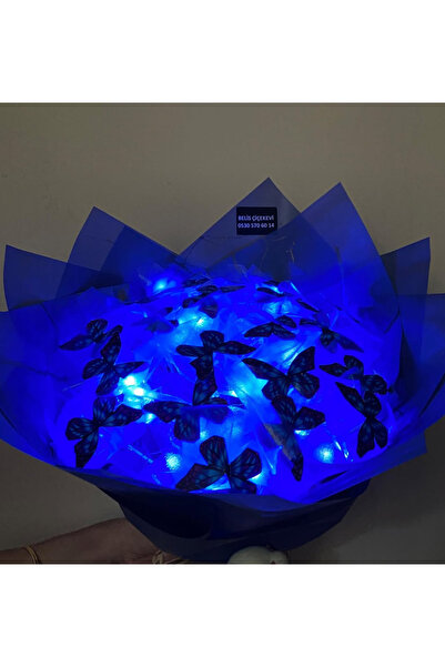 HediyeSepetim Kelebek buketi,mavi ledli buket,solmayan sevgiliye buket