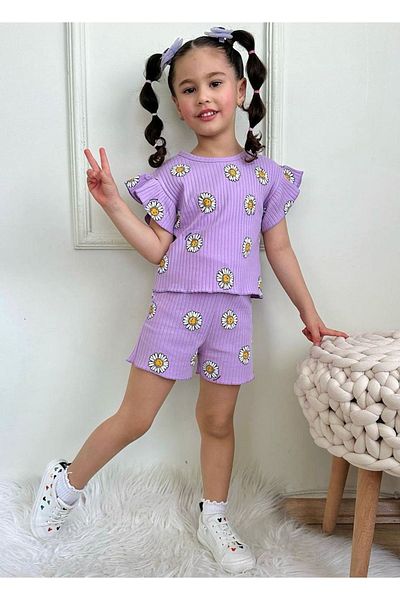 Yağmur Giyim Pjkskt Smiley Daisy Pattern Lilac Twill Ruffled Sleeve Shorts Girl's Short Sleeve Set 7636-L