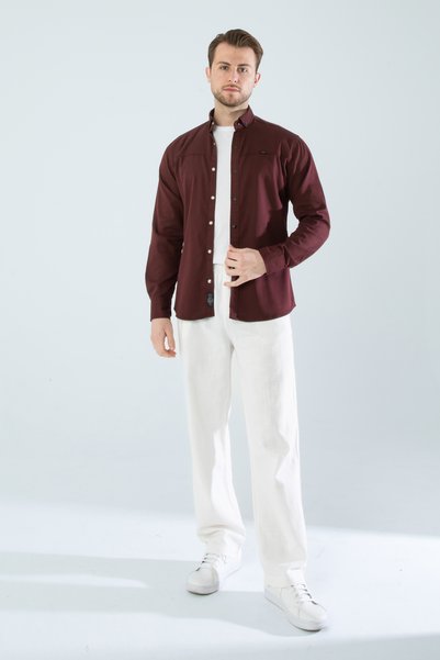 YXC Trend Maker Men's Shirt Cotton Slim Fit Long Sleeve Pocketless Burgundy Men's Shirt