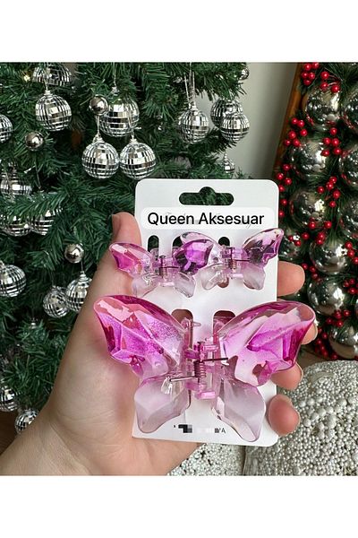 QUEEN AKSESUAR 3-Piece Colorful Transparent Shiny Glass Appearance Bone Butterfly Latch Buckle Set Pink Fuchsia