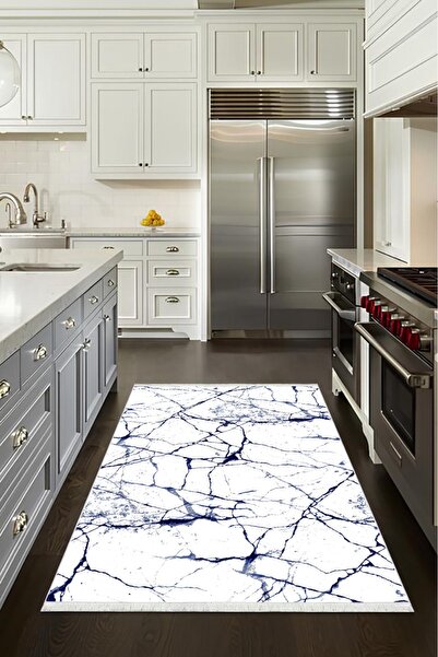 CENTER AVM Lacivert beyaz, Halı Mutfak Halısı Makinede Yıkanabilir Halı Kayma...