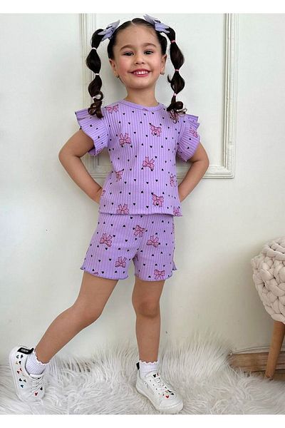 Yağmur Giyim Pjkskt Heart Bow Pattern Lilac Twill Ruffled Sleeve Shorts Girl's Short Sleeve Set 7633-L