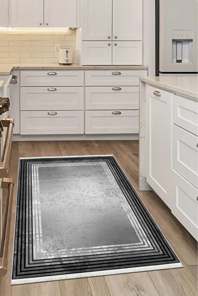 CENTER AVM Gri siyah, Halı Mutfak Halısı Makinede Yıkanabilir Halı Kaymaz Tab...