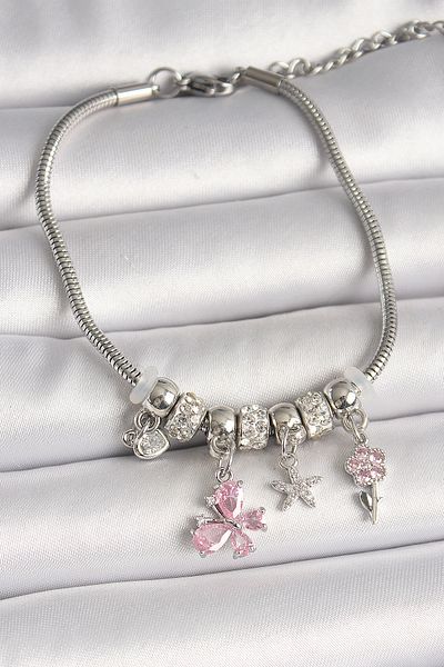 Skygo Brass Silver Color Dangle Pink Zircon Stone Butterfly Figure Flower Detail Charm Women's Bracelet - Tj-Bb