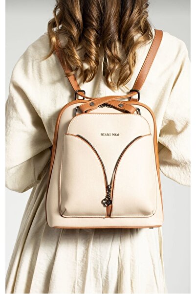 Just Polos Just Polo Leather Women's Cream Backpack and Shoulder Bag