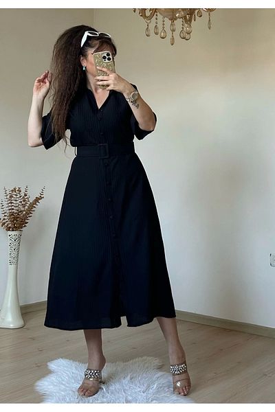AZRA BUTİK Rochie cămașă cu mânecă scurtă, lungime midi, neagră