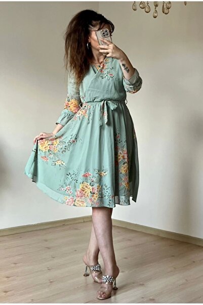 AZRA BUTİK Κοντό κίτρινο φλοράλ φόρεμα σιφόν - ΝΕΡΟ ΠΡΑΣΙΝΟ