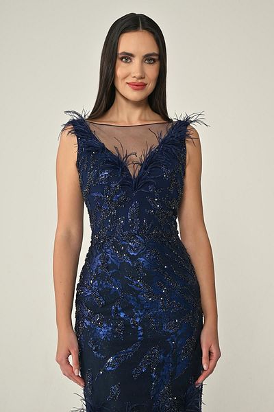 ALFABETA Women's V Feather Collar Long Sequin Sequin Stylish Navy Blue Evening Dress & Graduation Dress Ab6898-Dark Blue