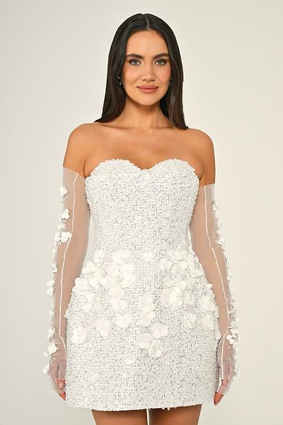 ALFABETA Women's Short Length Strapless Neckline Sequins and Flower Detail Sleeves See-Through Tulle Stylish White Evening Dress & Graduation