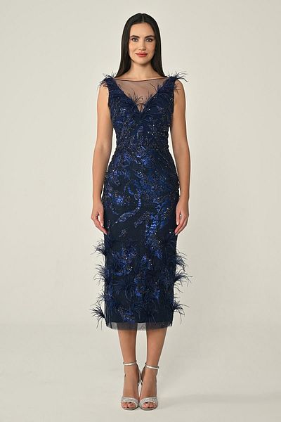 ALFABETA Women's V Feather Collar Long Sequin Sequin Stylish Navy Blue Evening Dress & Graduation Dress Ab6898-Dark Blue