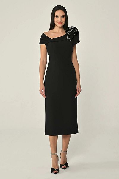 ALFABETA Women Asymmetrical Neck Shoulder Rose Detail Long Black Evening Dress & Graduation Dress Ab7016-Black