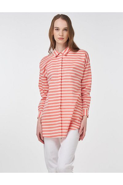 Kayra Stripe Pattern Cotton Basic Tunic Pomegranate Flower