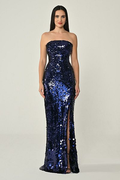 ALFABETA Women's Body Hugging Sequin Sequin Long Stylish Navy Blue Evening Dress & Graduation Dress Ab7079-Dark Blue