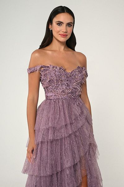 ALFABETA Women's Sweetheart Neckline Deep Slit Bottom Section Tiers Top Feather Embroidered Dusty Rose Evening Dress & Graduation Dress