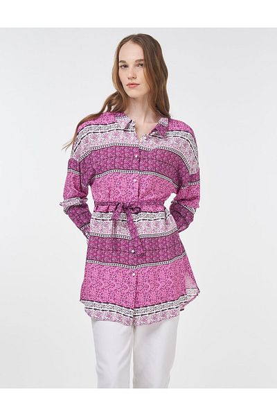 Kayra Floral Patterned Belted Viscose Tunic Candy Pink