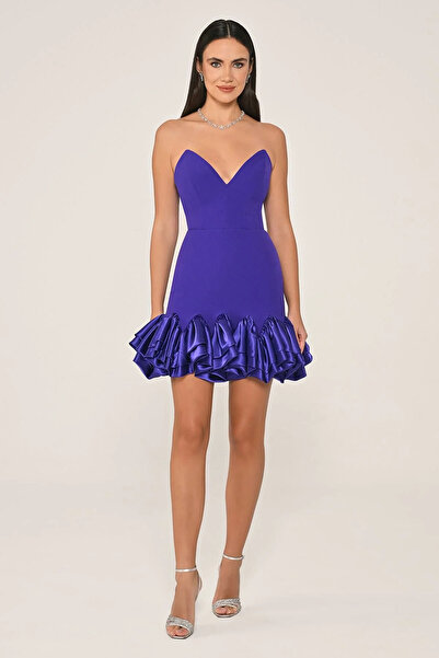 ALFABETA Kadın Straplez Yaka Etek Uçları FırFır Saten Kumaş Kısa MOR Abiye & Mezuniyet Elbisesi AB6922-MOR