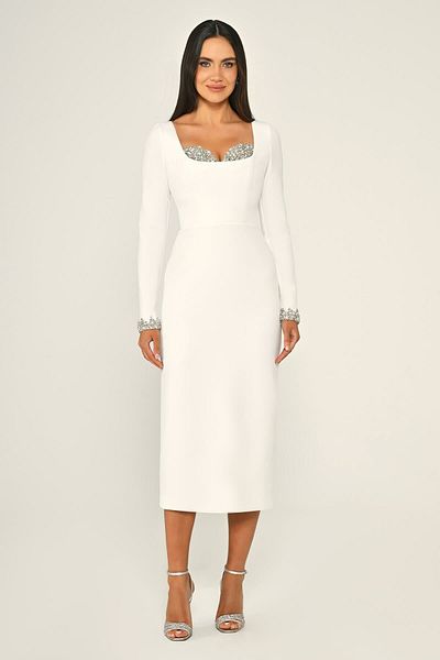 ALFABETA Women's Arm Tip and Chest Stone Details Long Arm Body Hugging Long Length White Evening Dress & Graduation Dress