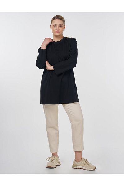 Kayra Button Detailed Combed Cotton Tunic Black
